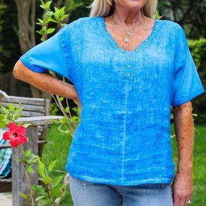 NWT Look Mode Linen Shirt With Studs And Rhinestones At V- Neckline In Royal Blu